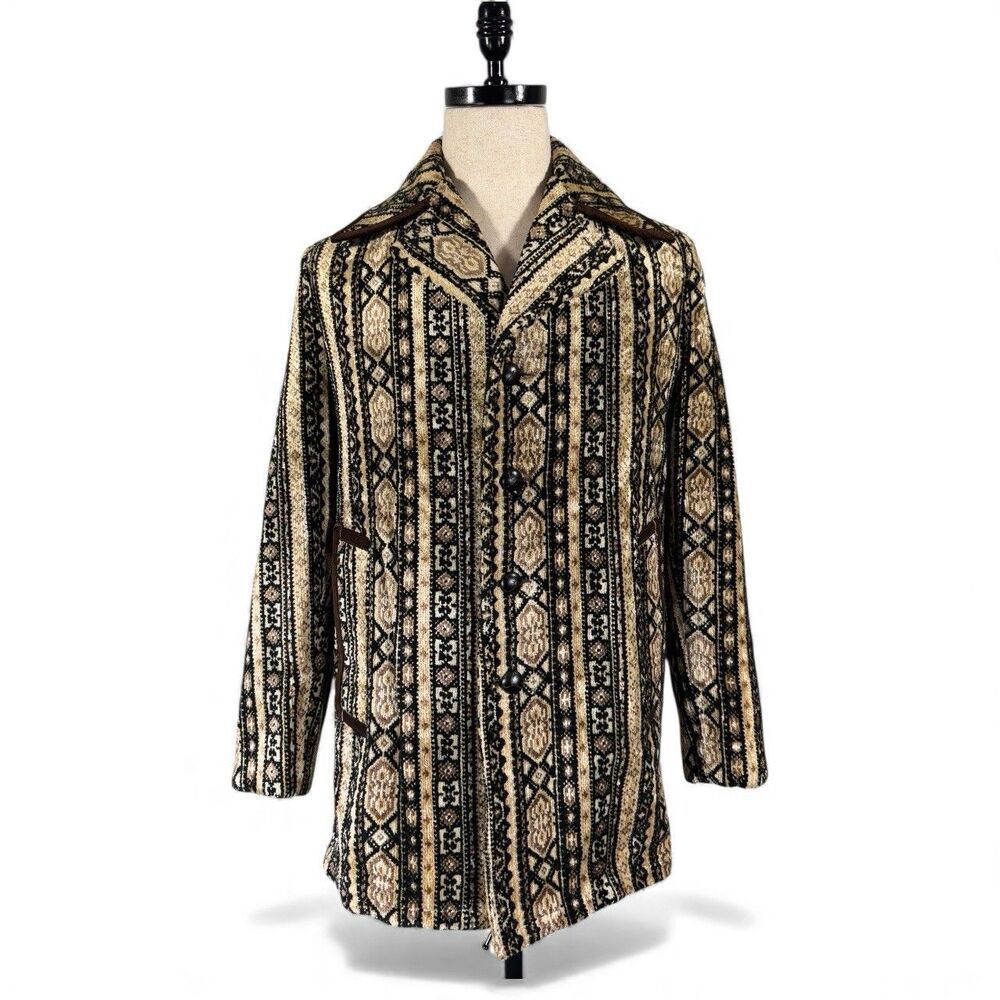 VTG Lakeland Jacket Coat Rich Chenille Geometric Tapestry Rare 70's Boho Mens 42